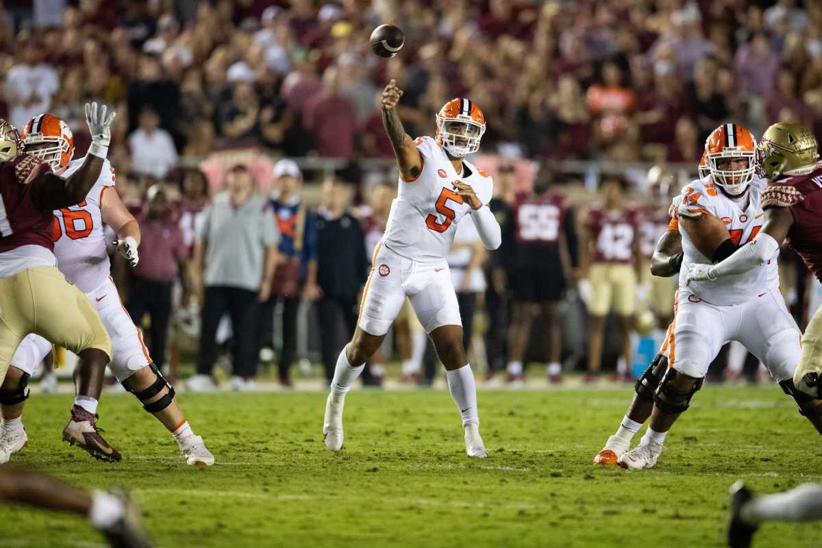 Clemson quarterback DJ Uiagalelei throws a pass against the Florida State Seminoles.